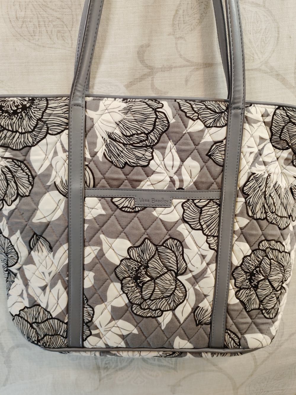 Vera Bradley Gray and White Quilted Floral Shoulder Tote